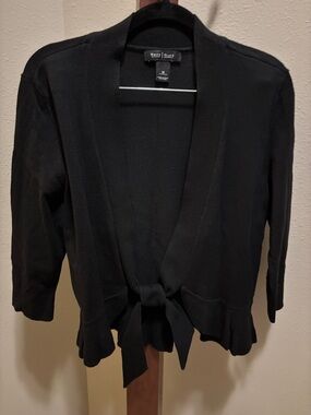 White House Black Market Black Tie-Front Ruffle Hem Cardigan